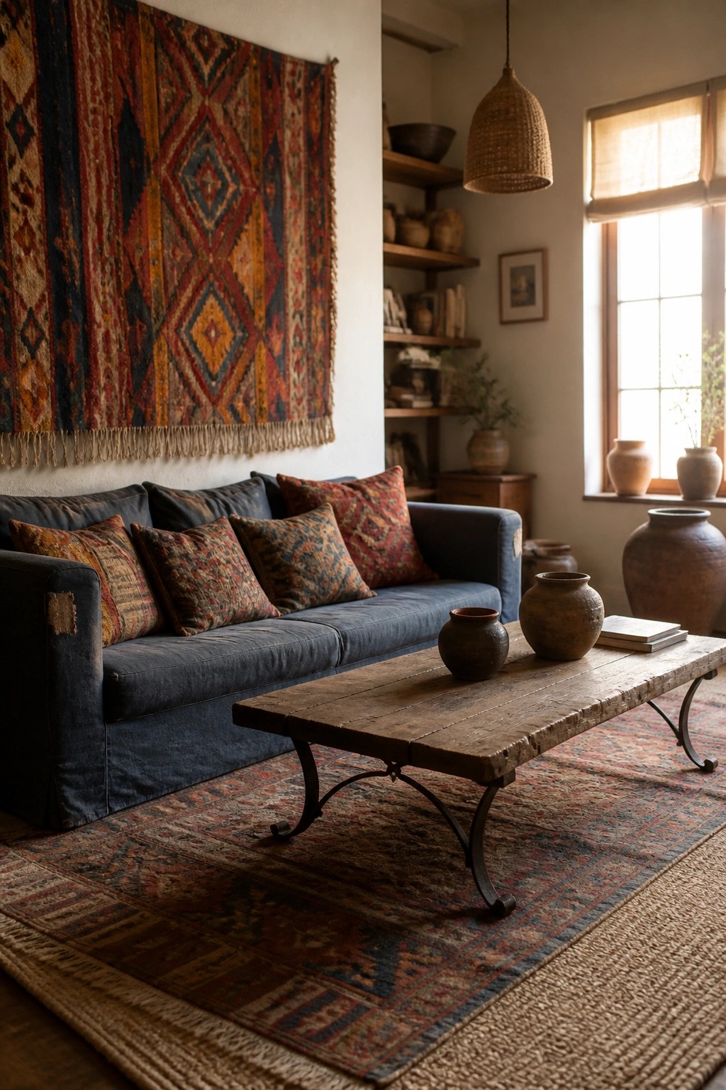 A living room scene showing a blue sofa with patterned pillows, a rustic wooden coffee table on a layered rug, and a large colorful woven tapestry hanging on the wall above the sofa.