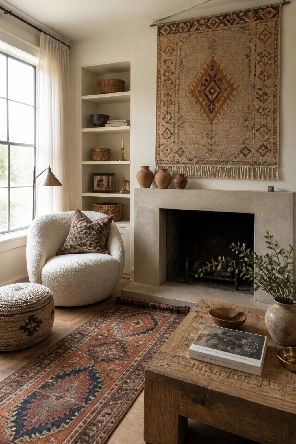 A living room featuring a large patterned woven textile hanging above a concrete fireplace mantel, with a white armchair and layered rugs visible.