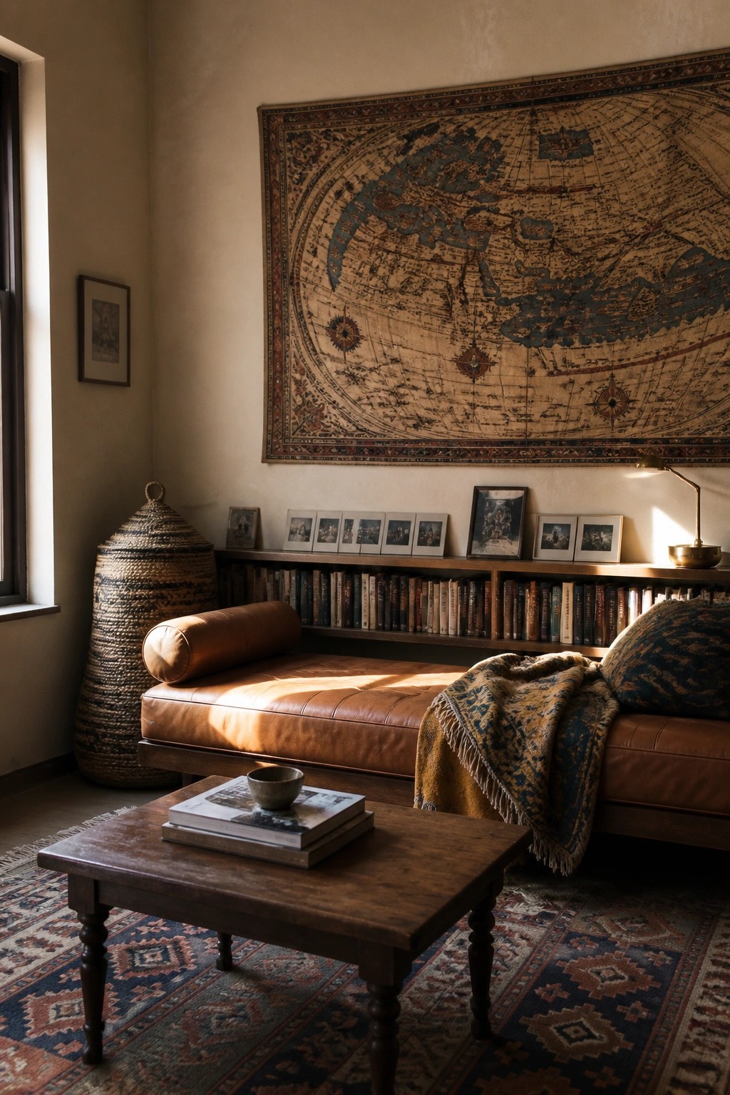 A living room with a large vintage world map tapestry hanging above a wooden bookshelf and brown leather sofa.