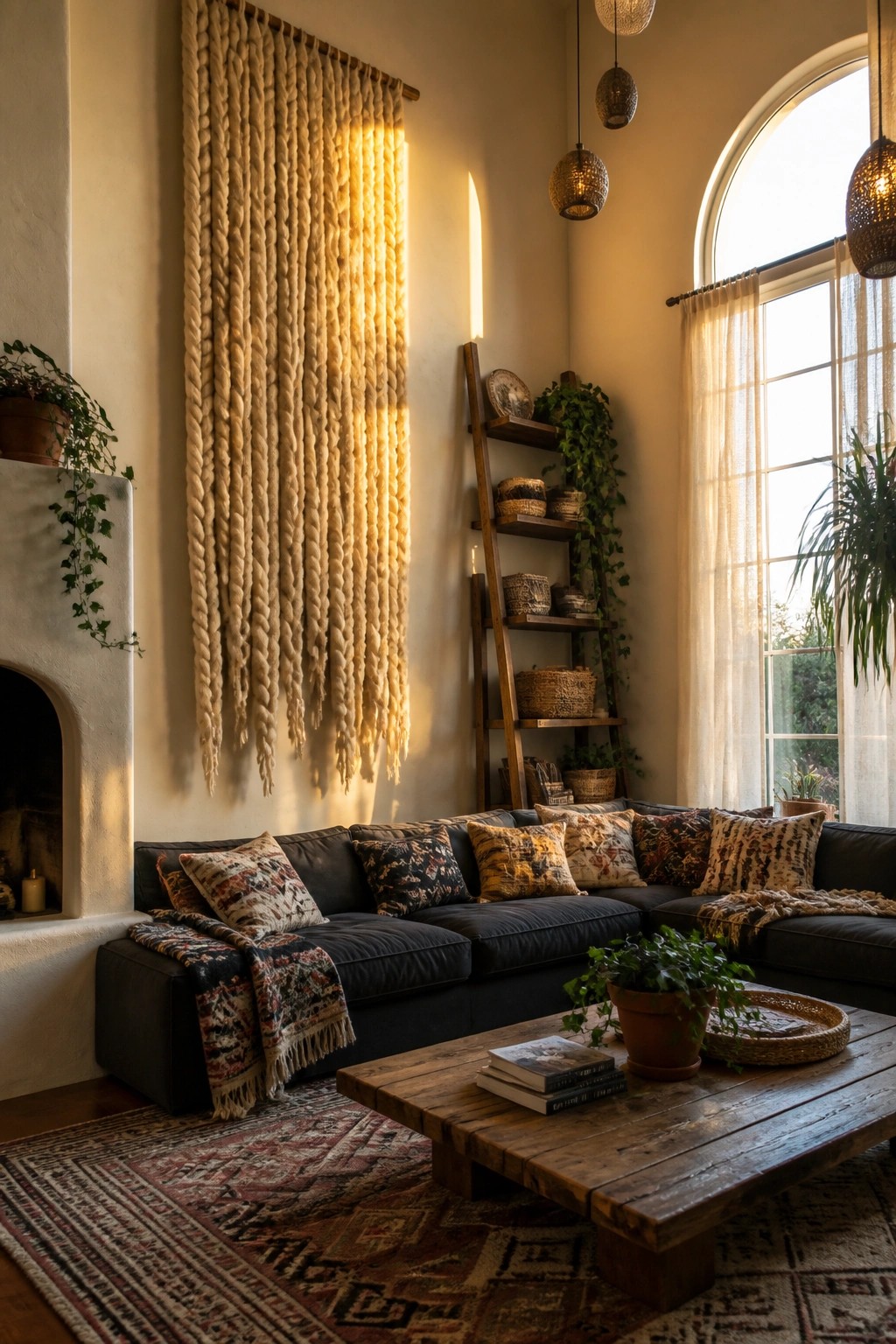 A large woven wall hanging hangs above a dark sectional sofa in a living room with wooden furniture, plants, and arched windows.