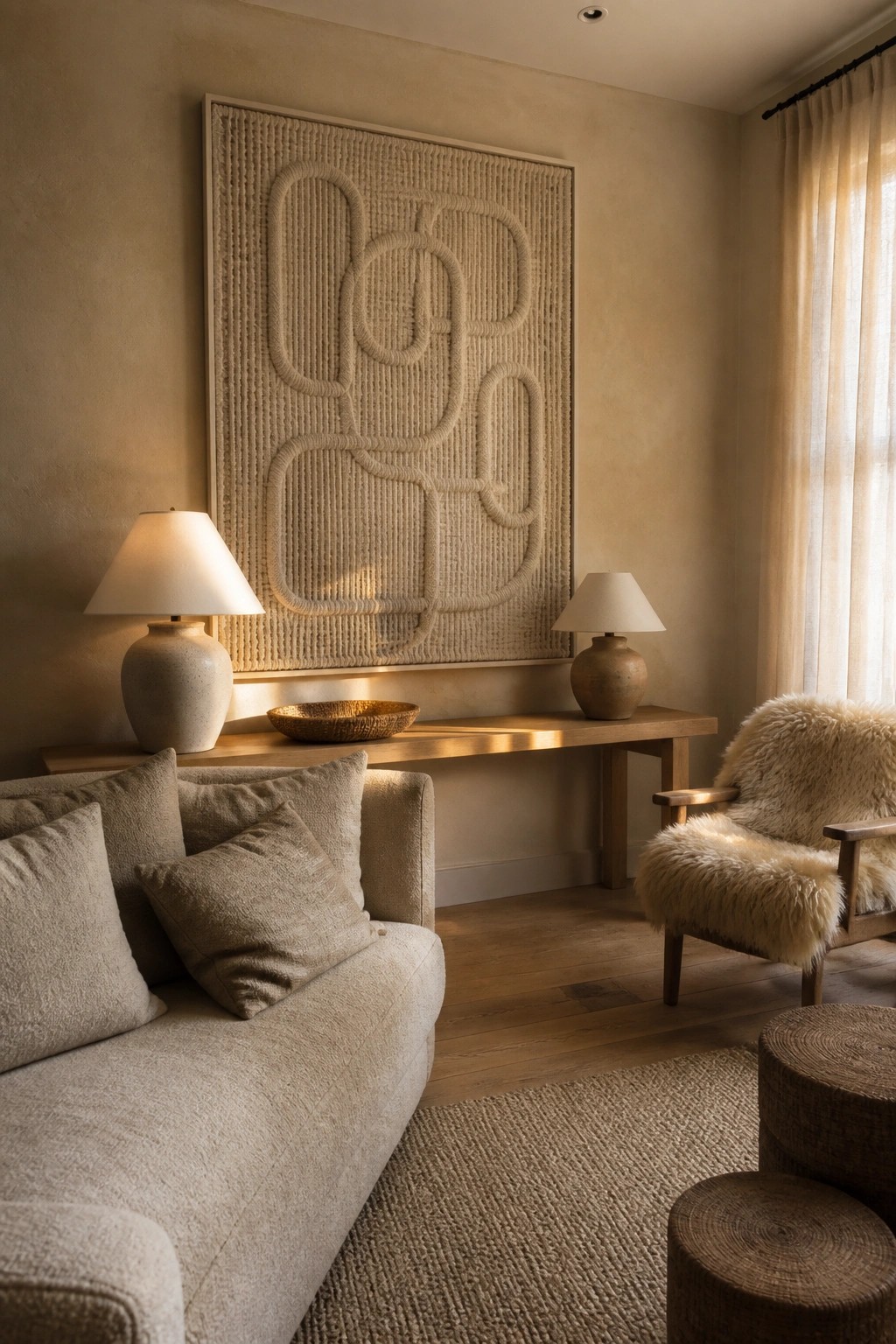 A neutral living room shows a large rectangular woven wall hanging with looped abstract patterns above a wooden console holding two ceramic lamps and a woven bowl, next to a beige sofa with pillows.
