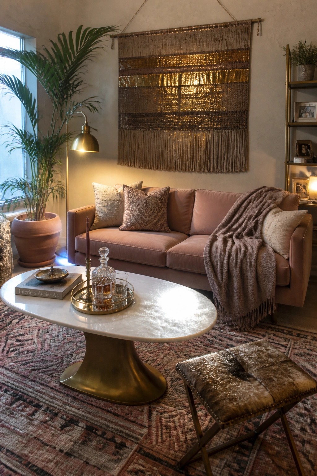 A living room with a pink sofa, marble coffee table, brass floor lamp, large woven wall hanging above the sofa, and a potted palm near a window.