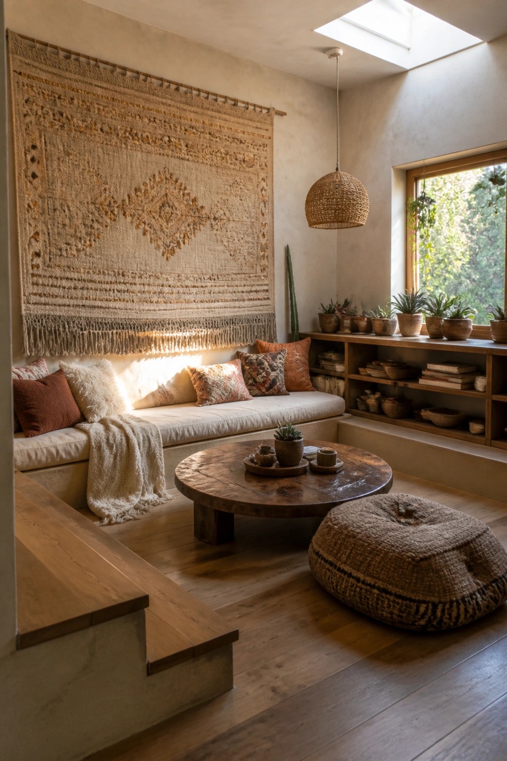 A large woven wall hanging hangs above a built-in bench with pillows and a round wooden coffee table in a sunlit room with wooden floors and shelves.