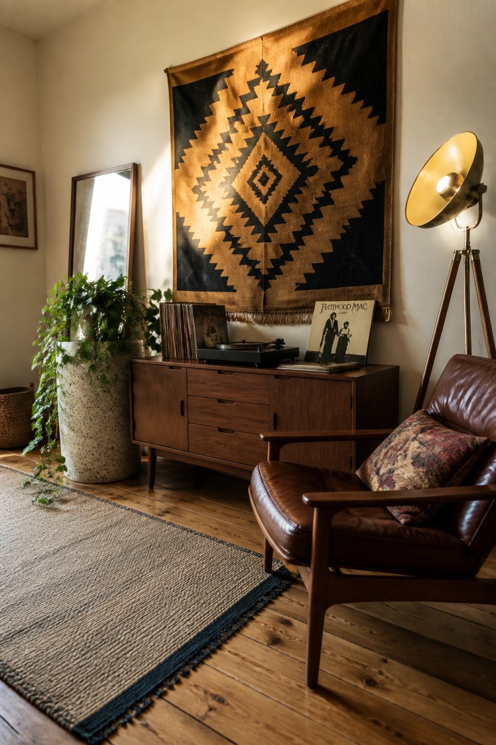 Leather armchair beside wooden credenza with turntable, geometric wall hanging, and floor lamp.