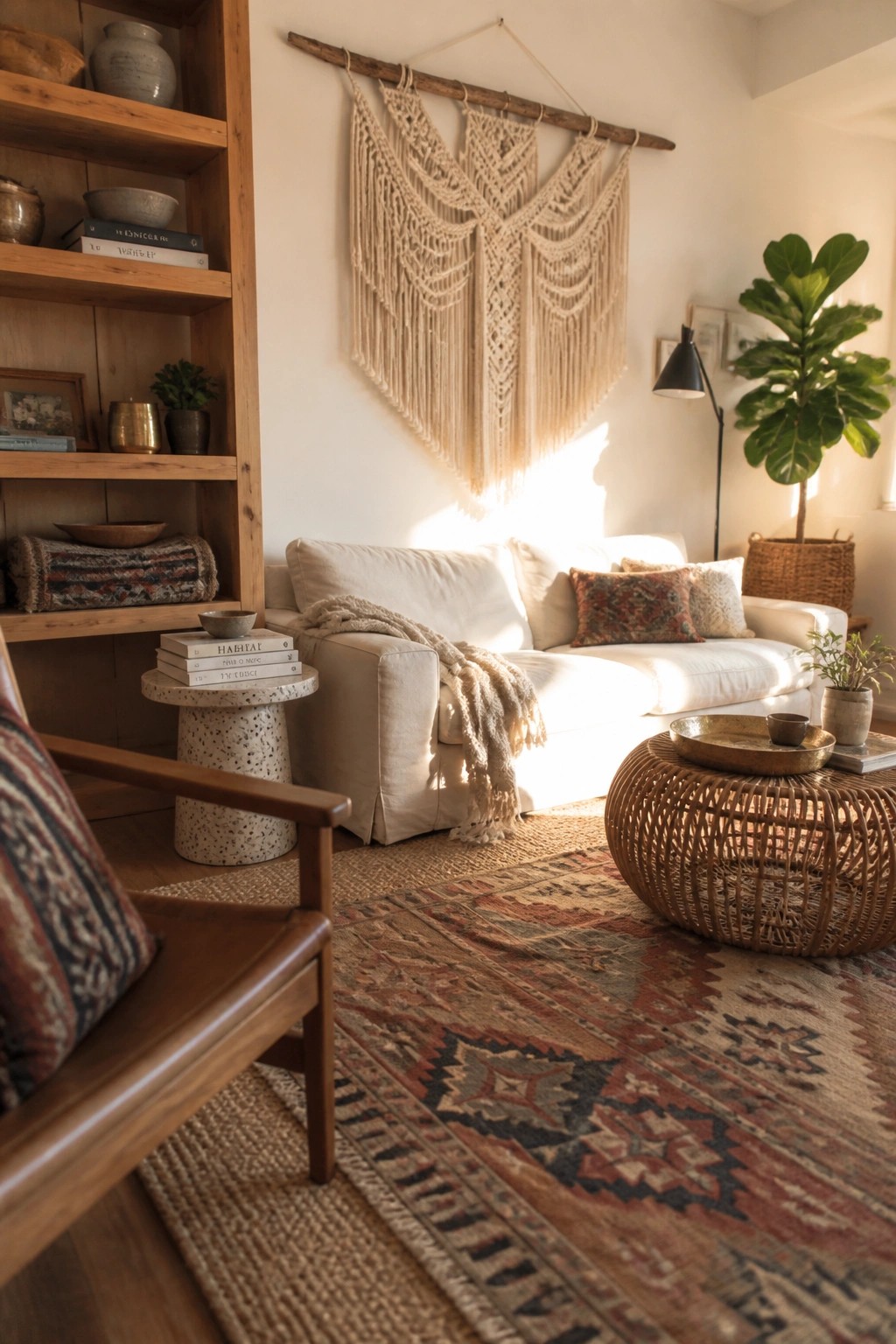 Cozy bohemian living room with white sofa, macrame wall hanging, rattan table, and patterned rug.
