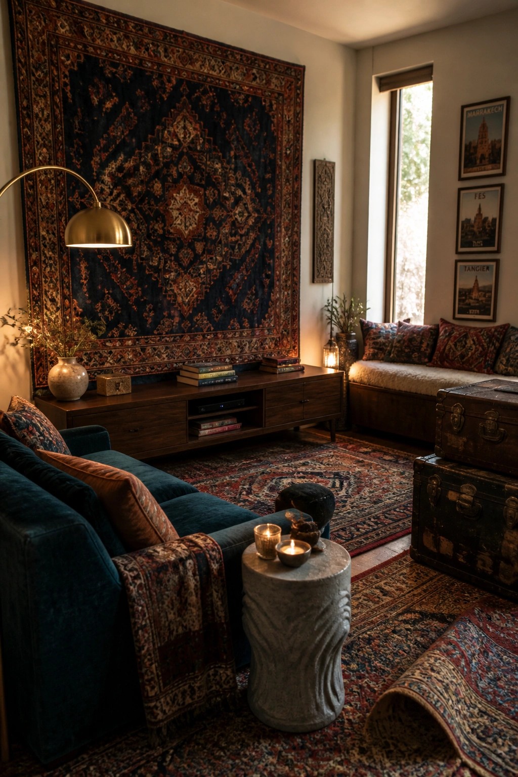 Cozy bohemian room with blue velvet sofa, wall rug, candles, and vintage trunks.