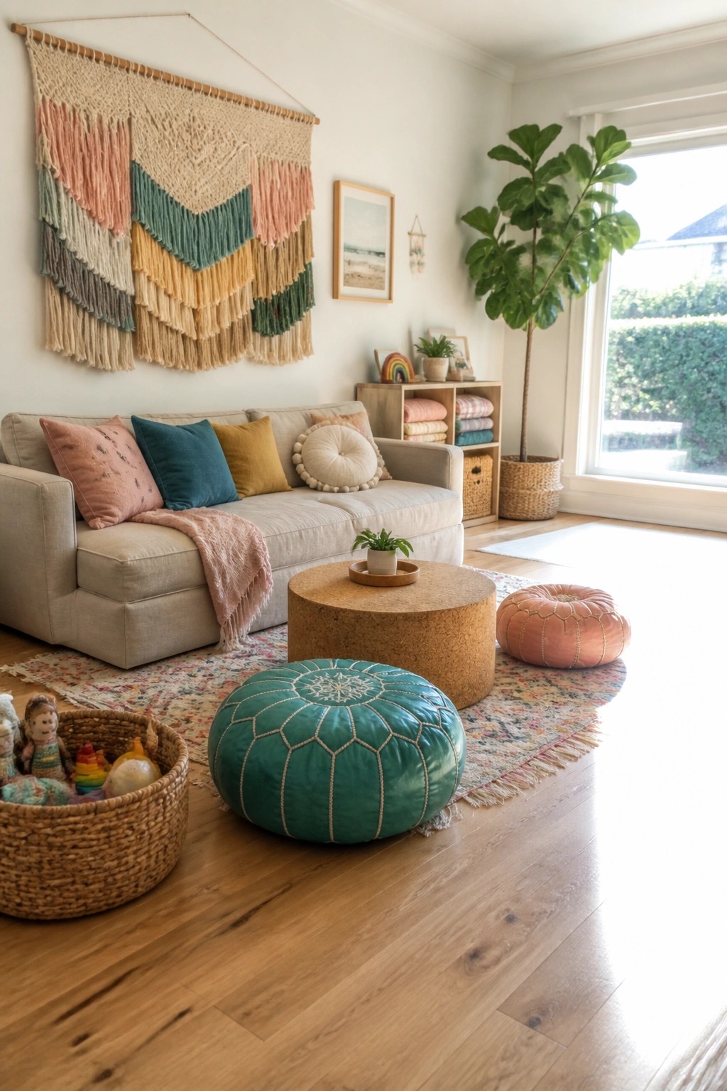 Living room interior with a large multicolored macrame wall hanging above a beige sofa, round cork coffee table, teal and peach poufs on a patterned rug, and a potted tree near the window.