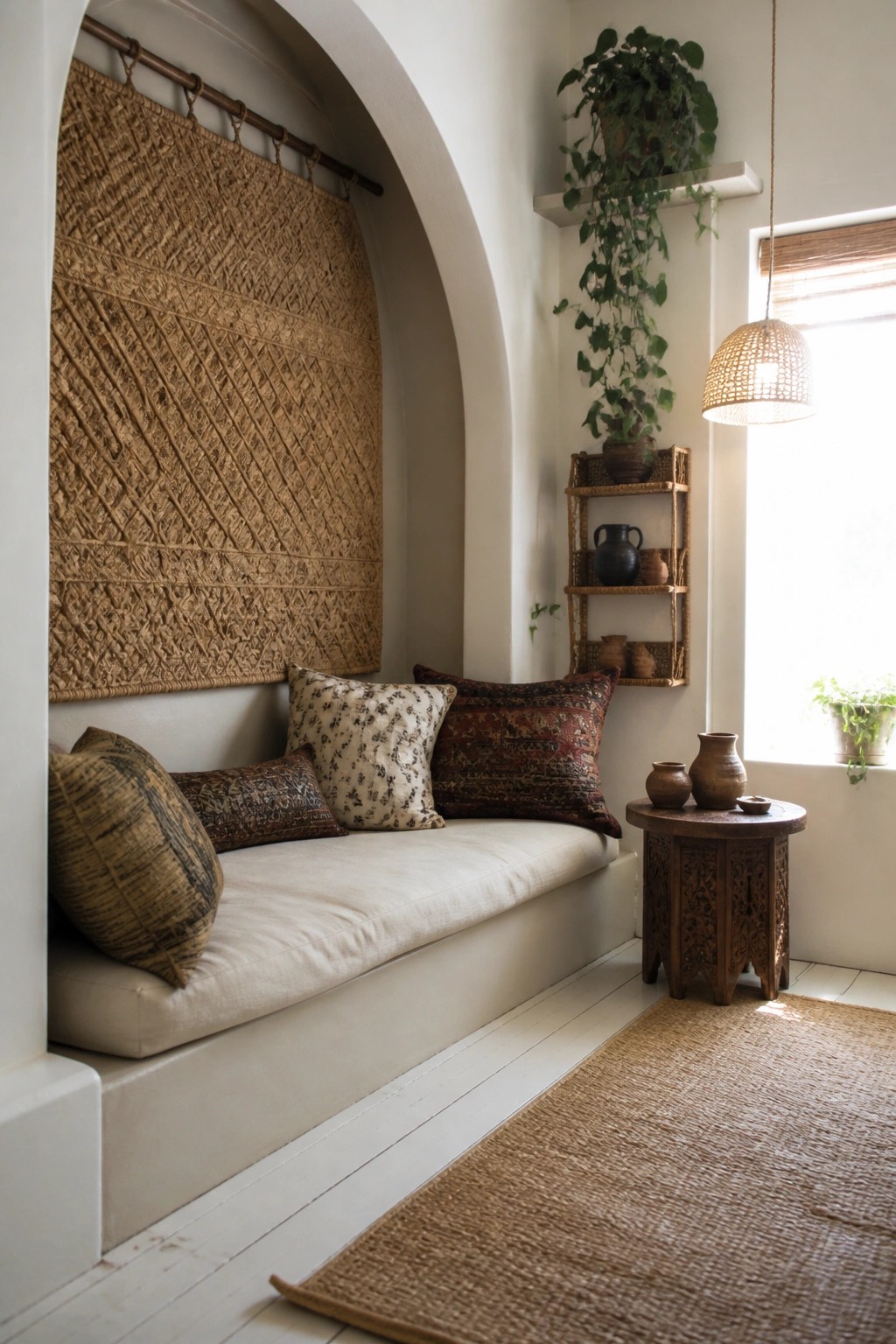 A built-in white bench with patterned cushions sits in an arched alcove beneath a large brown woven wall hanging, with a small carved wooden table and woven shelves nearby.