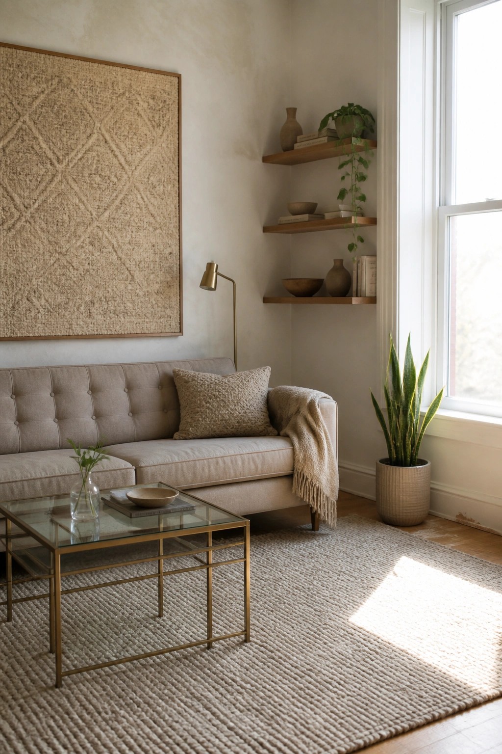 A living room with a large woven wall hanging above a beige sofa, floating wooden shelves on the right wall, and a glass coffee table on a woven rug.