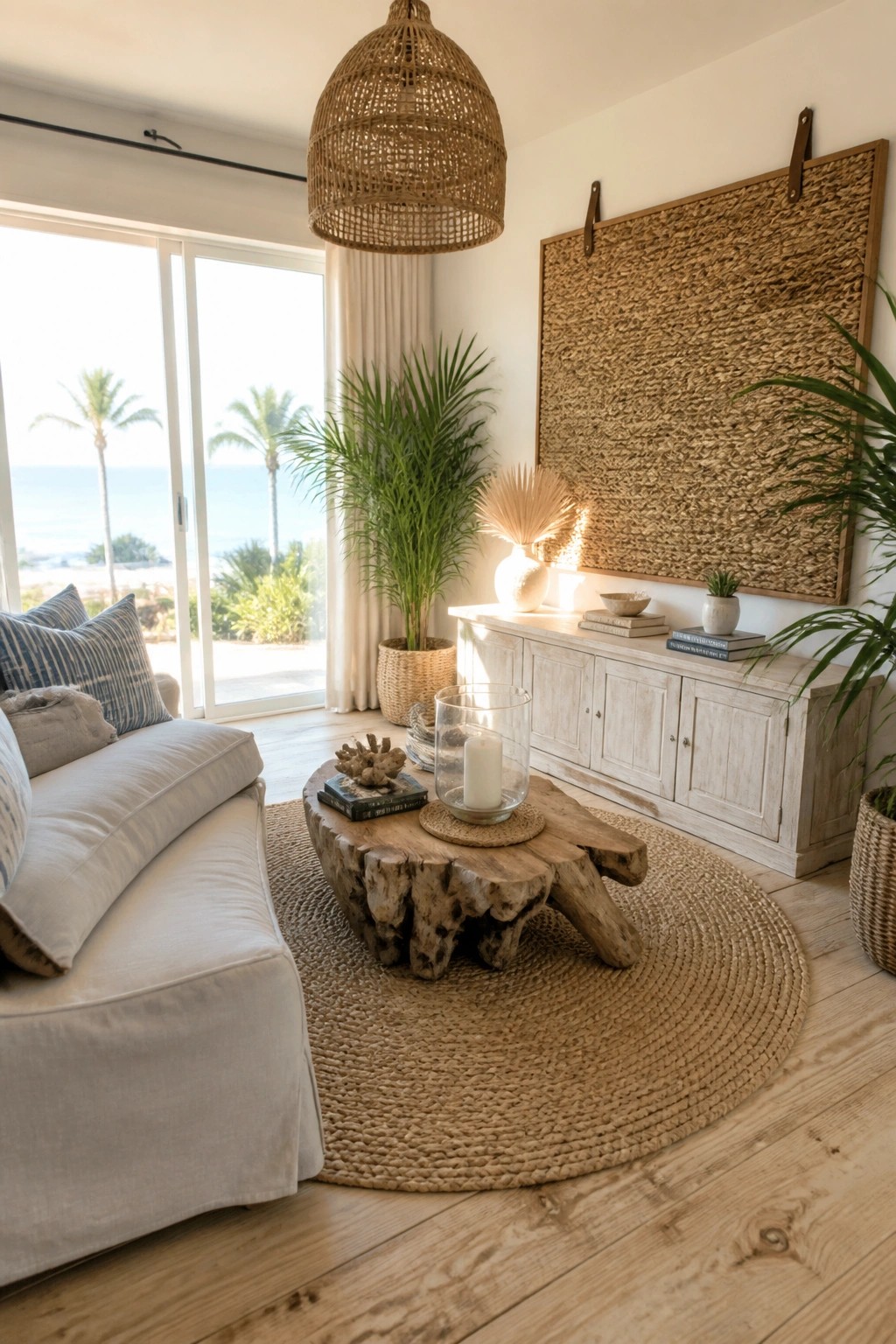 A bright living room features a large rectangular woven wall hanging above a whitewashed console, with a round jute rug, tree-stump coffee table, and sofa in the foreground.