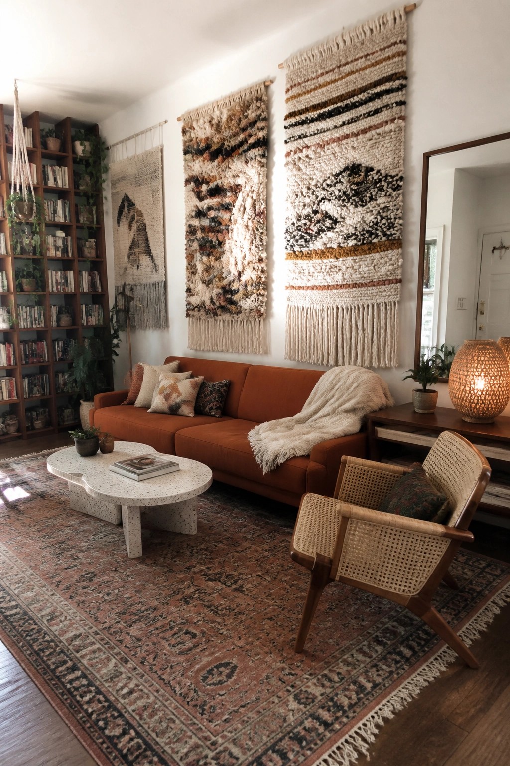 Living room with an orange sofa under three large woven wall hangings, a patterned rug, wooden armchair, and bookshelf on the left.