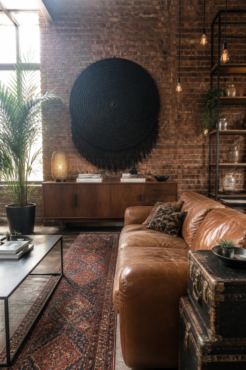 A living room with a brown leather sofa facing a red brick wall that holds a large black circular woven wall hanging above a wooden console.