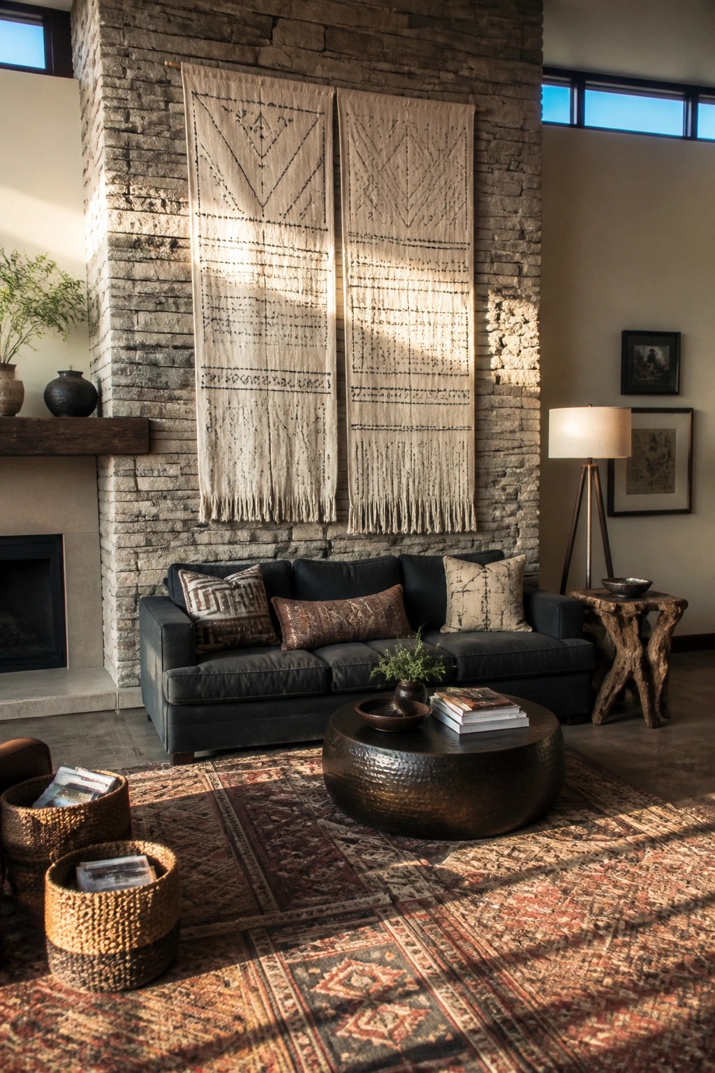 Two large off-white woven wall hangings with black geometric patterns hang side by side on a gray stone wall above a dark sofa in a living room.