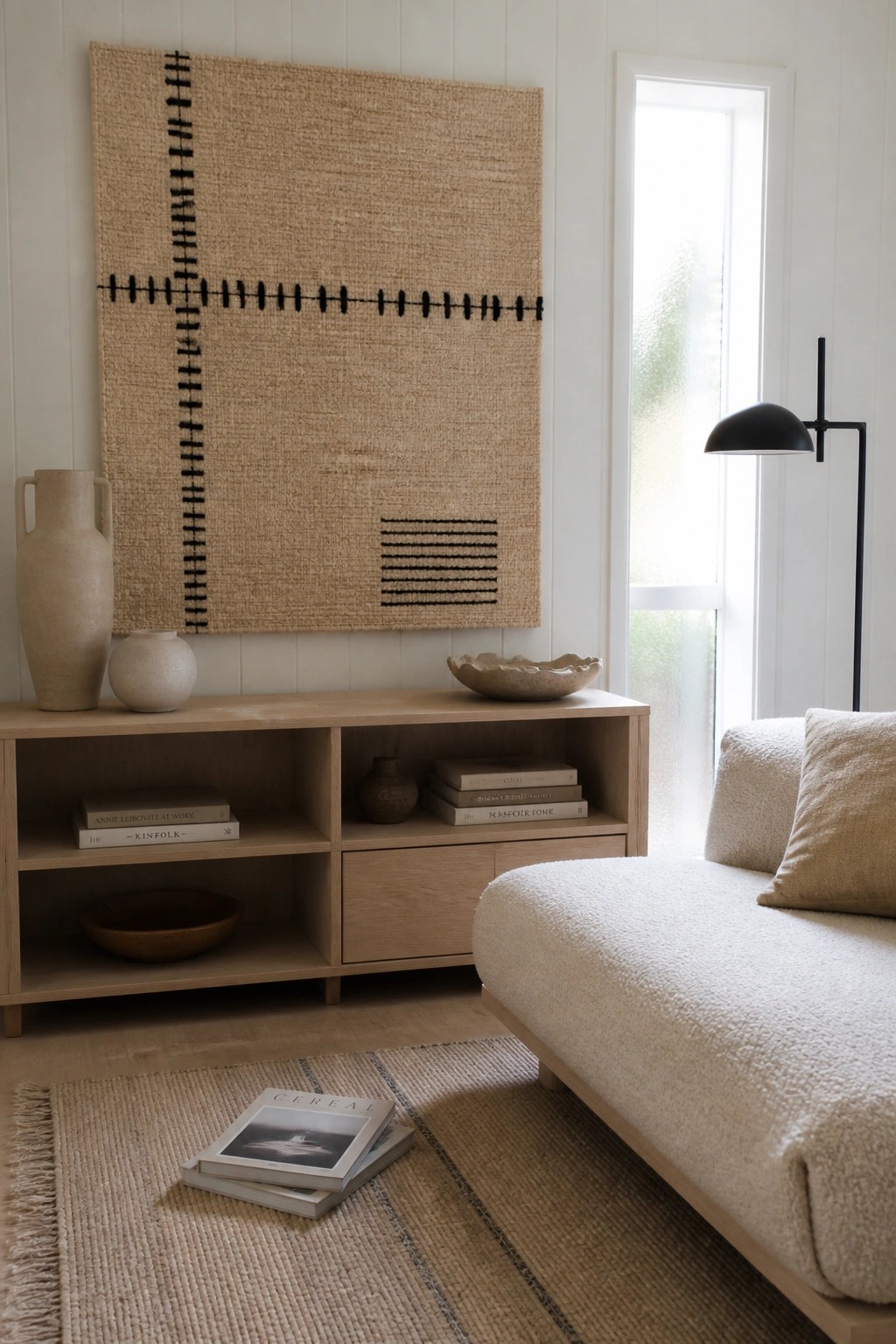 A light wood console sits below a large beige woven wall hanging with black stitching details in a living room with a sofa and window nearby.