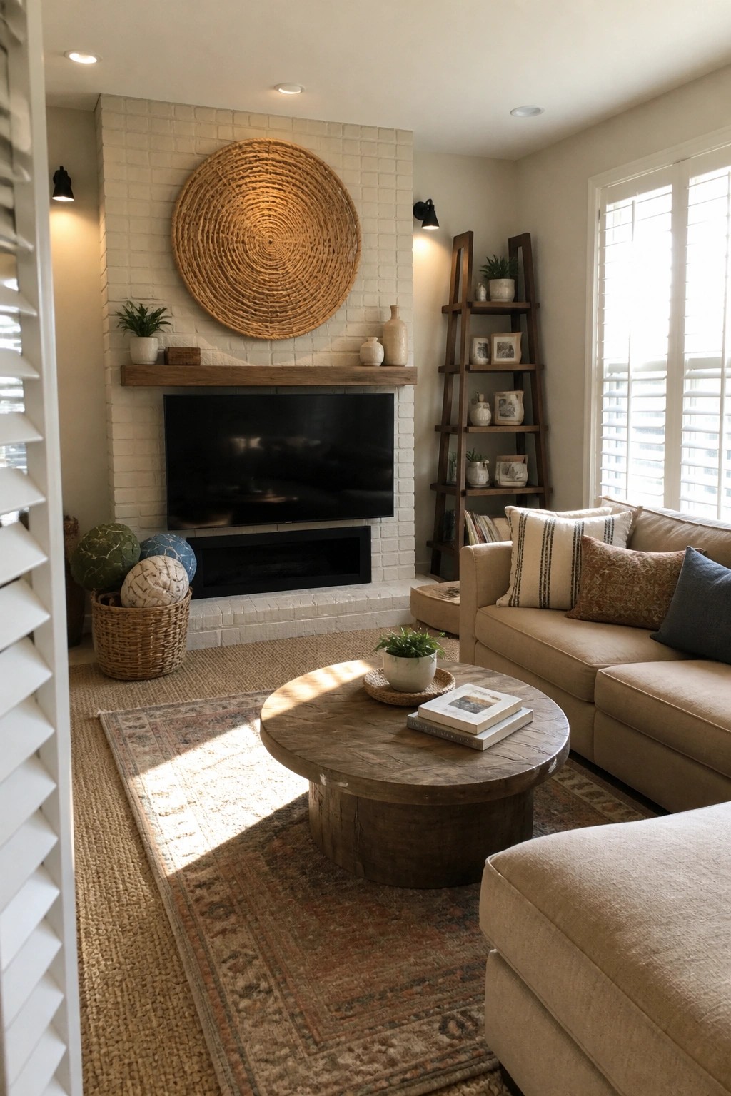 A living room featuring a white brick fireplace with a large round woven wall hanging centered above the mantel and a flat screen television mounted below.