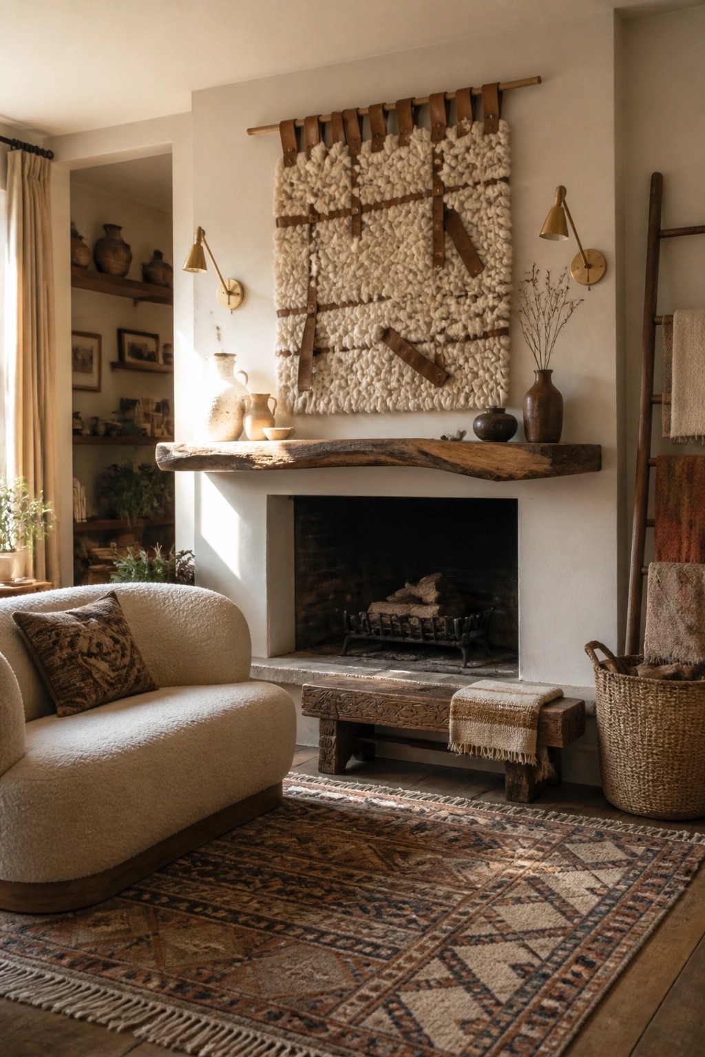 A living room with a large white textured woven hanging mounted above a rustic wooden mantel on a white fireplace wall, next to a curved beige sofa on a patterned rug.