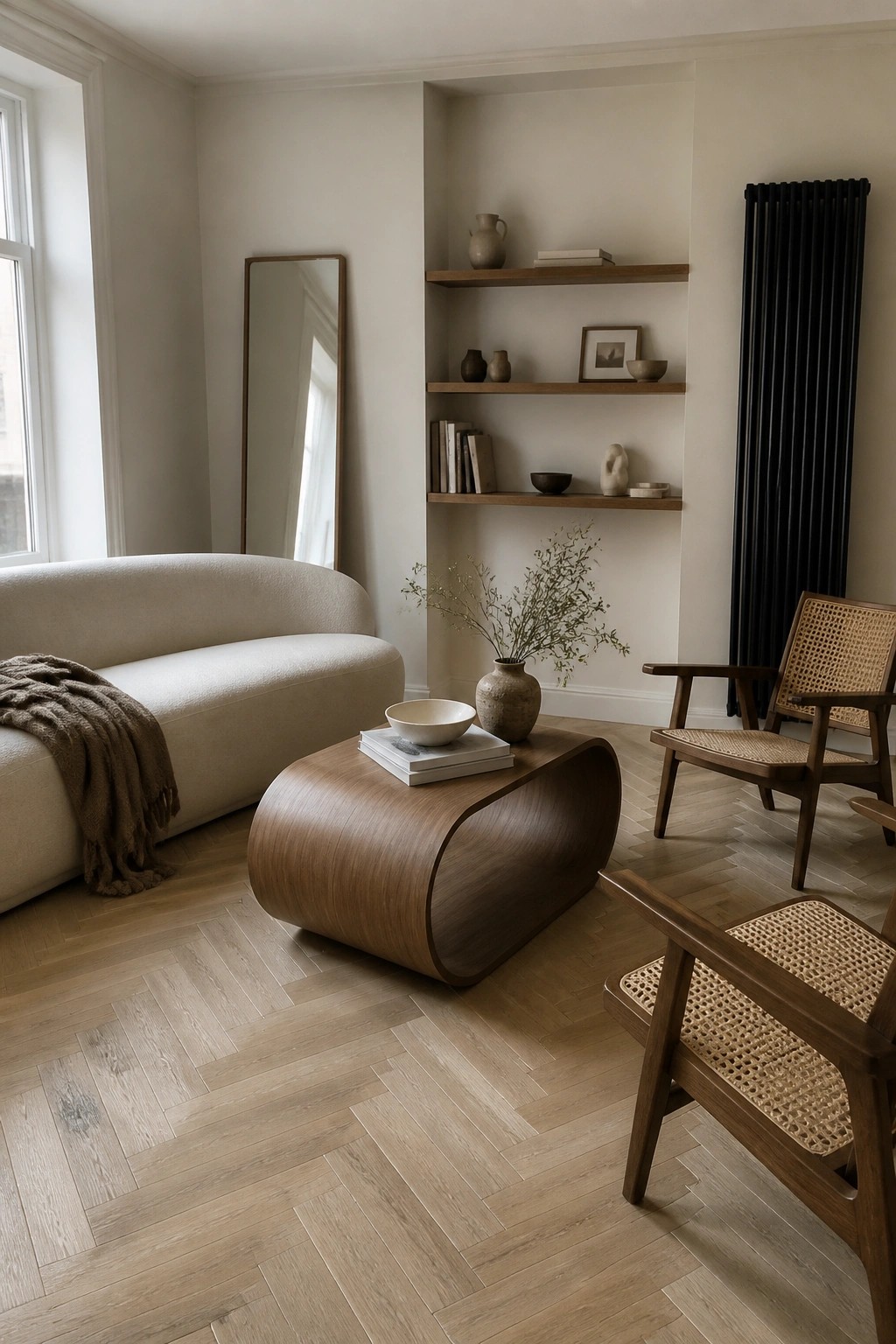 A living room with a curved wooden coffee table centered in front of a beige sofa, built-in wooden shelves holding pottery and books, and wooden chairs with woven cane seats on a light wood floor.