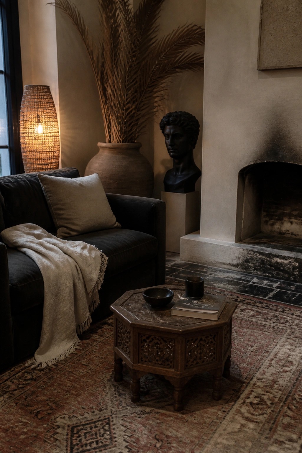 A living room scene showing a dark sofa with a beige throw, a carved wooden coffee table holding a bowl and book, a large clay vase with dried palm leaves, a black classical bust on a pedestal, and a stone fireplace.