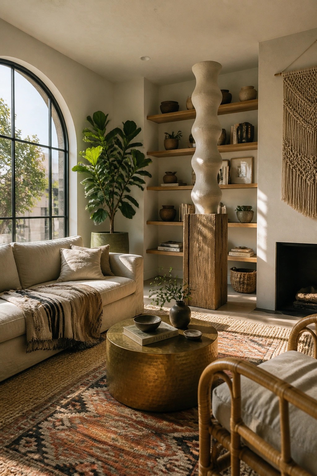Living room interior with a tall sculptural ceramic piece centered on wooden built-in shelves beside a large arched window and neutral sofa.