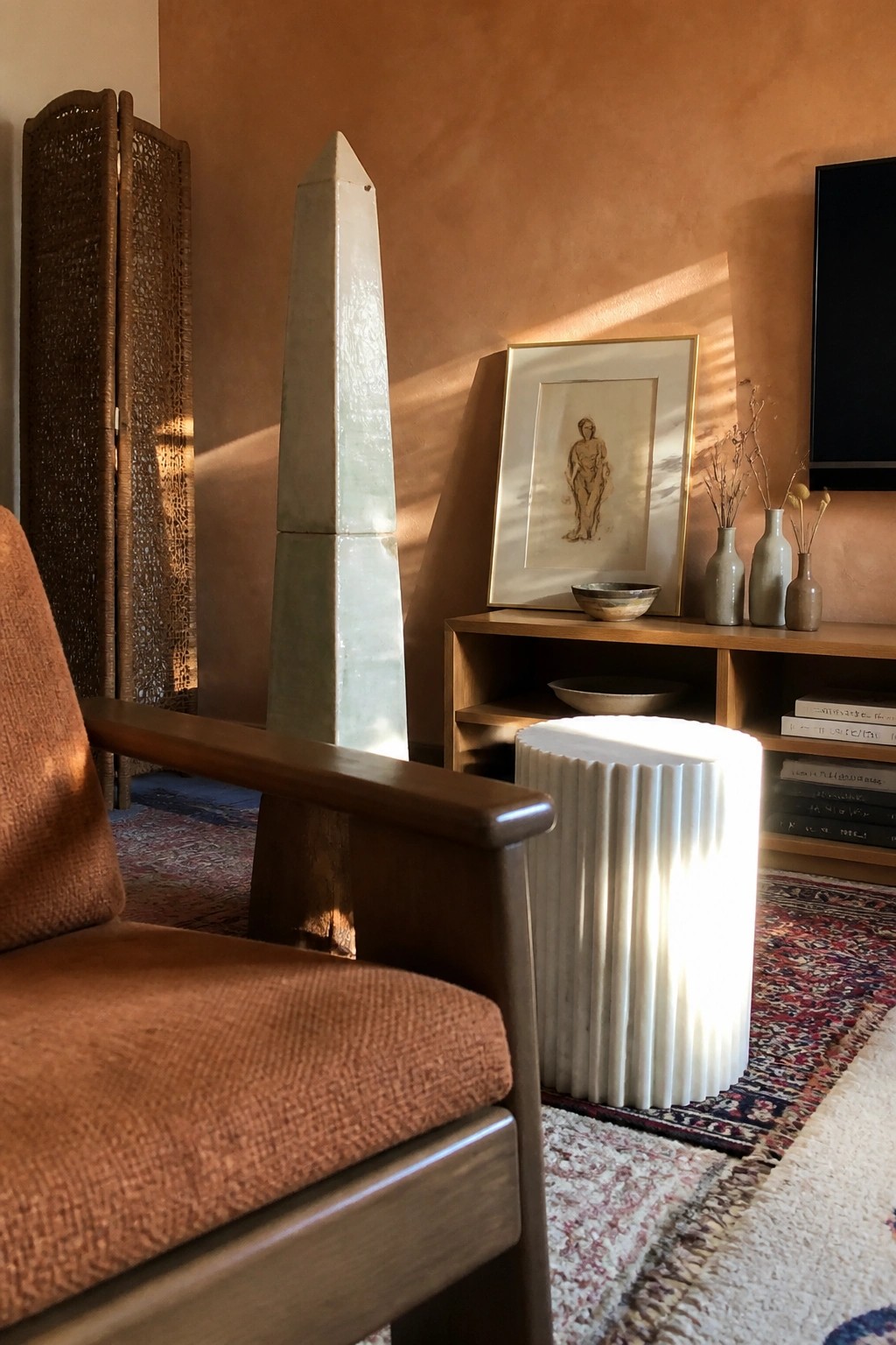 A living room corner featuring a tall green stone obelisk beside a white fluted stool, with a wooden armchair in the foreground and a wooden console holding framed art and vases against a terracotta wall.