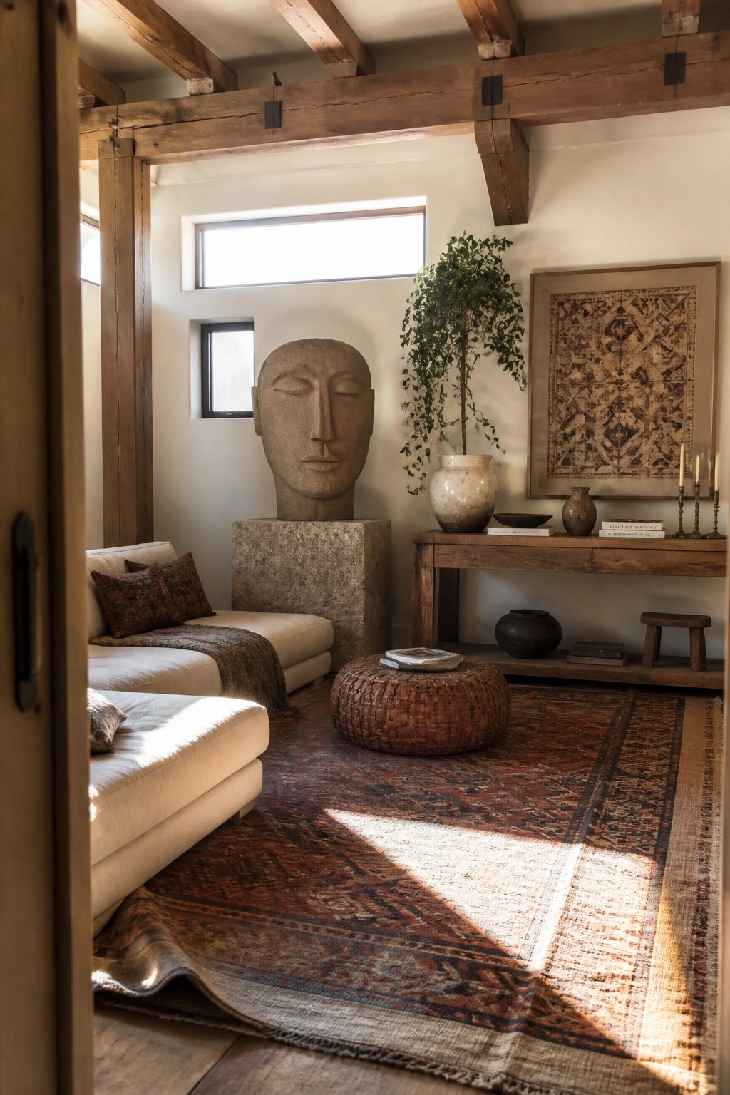 A living room interior with a large stone head sculpture on a pedestal, a cream sectional sofa, a round woven ottoman, a patterned rug, and a wooden console table against the wall.
