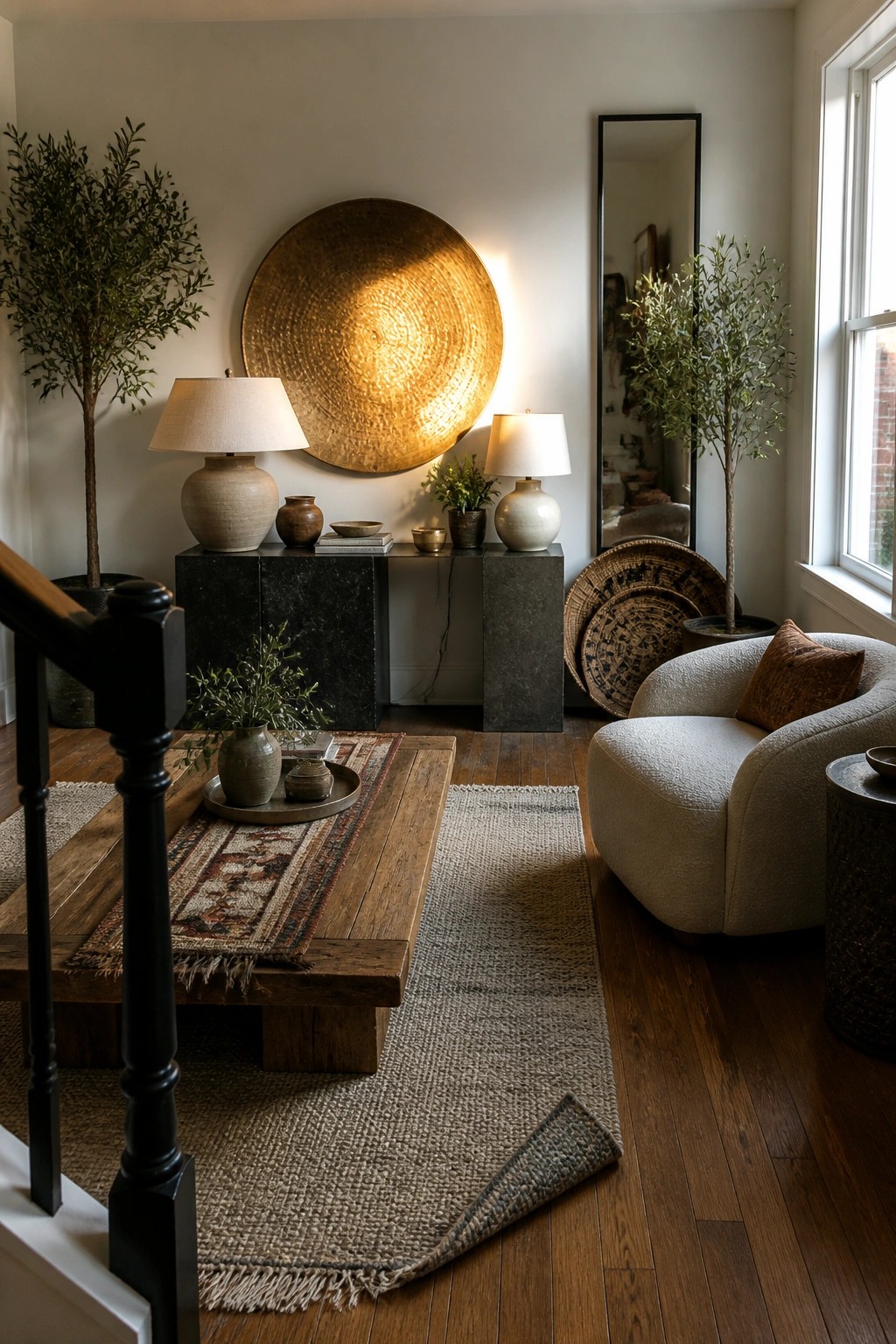 A living room interior showing a dark console table beneath a large round gold wall sculpture, with lamps and pottery on top, a wooden coffee table on a rug in front, and a curved armchair to the right.