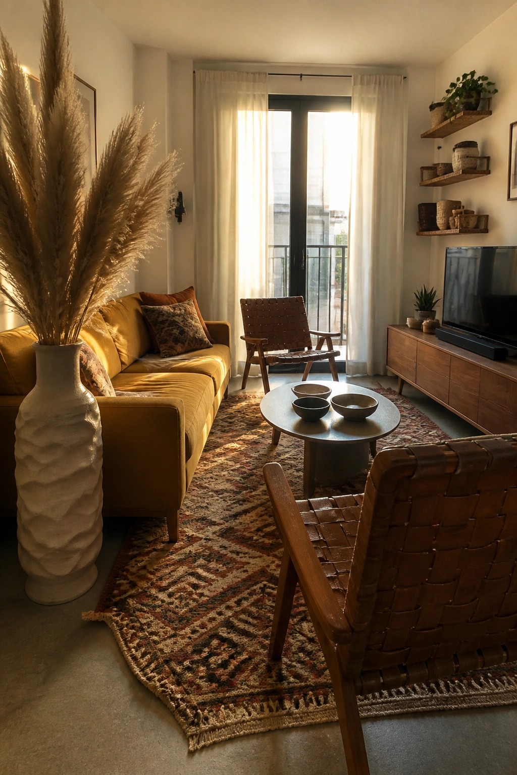 A boho living room with a large white textured vase holding dried pampas grass next to a mustard yellow sofa on a patterned rug, two woven leather chairs, and a round coffee table.