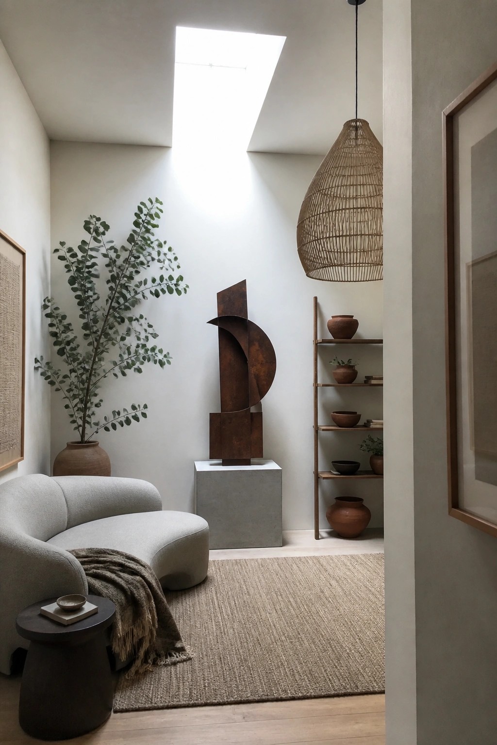 Minimalist room with curved sofa, abstract metal sculpture, woven pendant light, and skylight.
