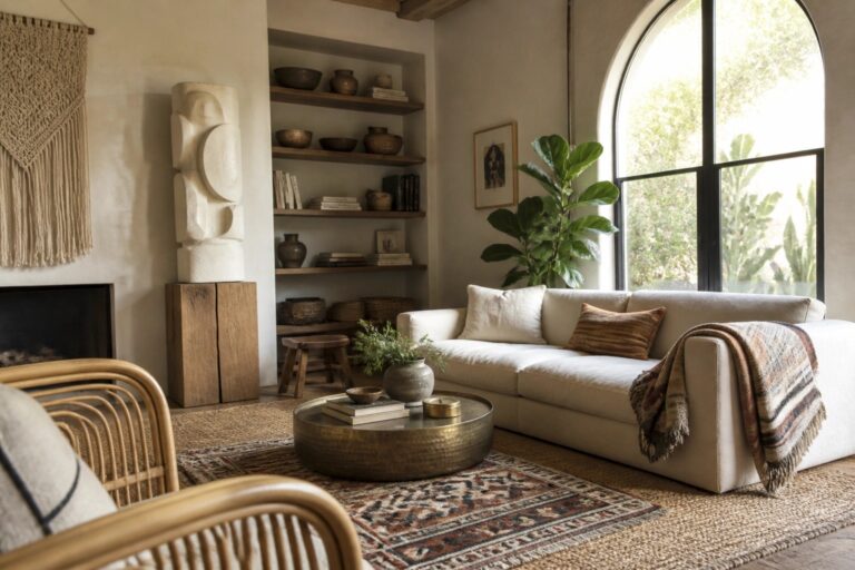 Living room interior with a tall sculptural ceramic piece centered on wooden built-in shelves beside a large arched window and neutral sofa.