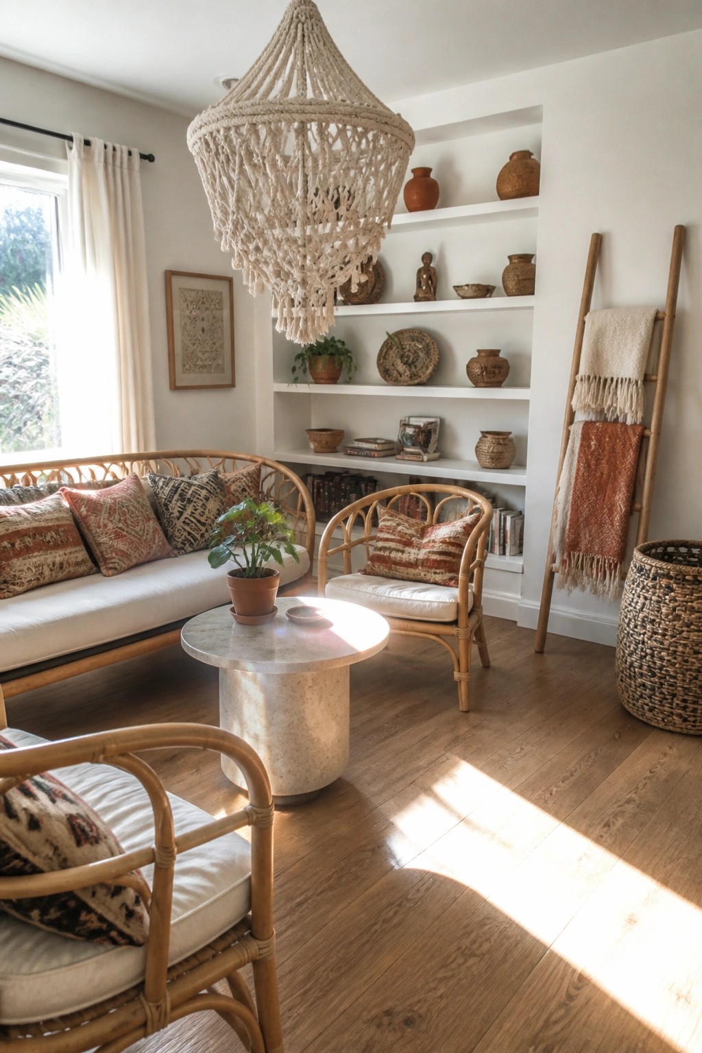 A bright living room with a large macrame chandelier hanging above a round marble table, rattan seating with patterned cushions, white built-in shelves holding pottery, and a wooden ladder with textiles.
