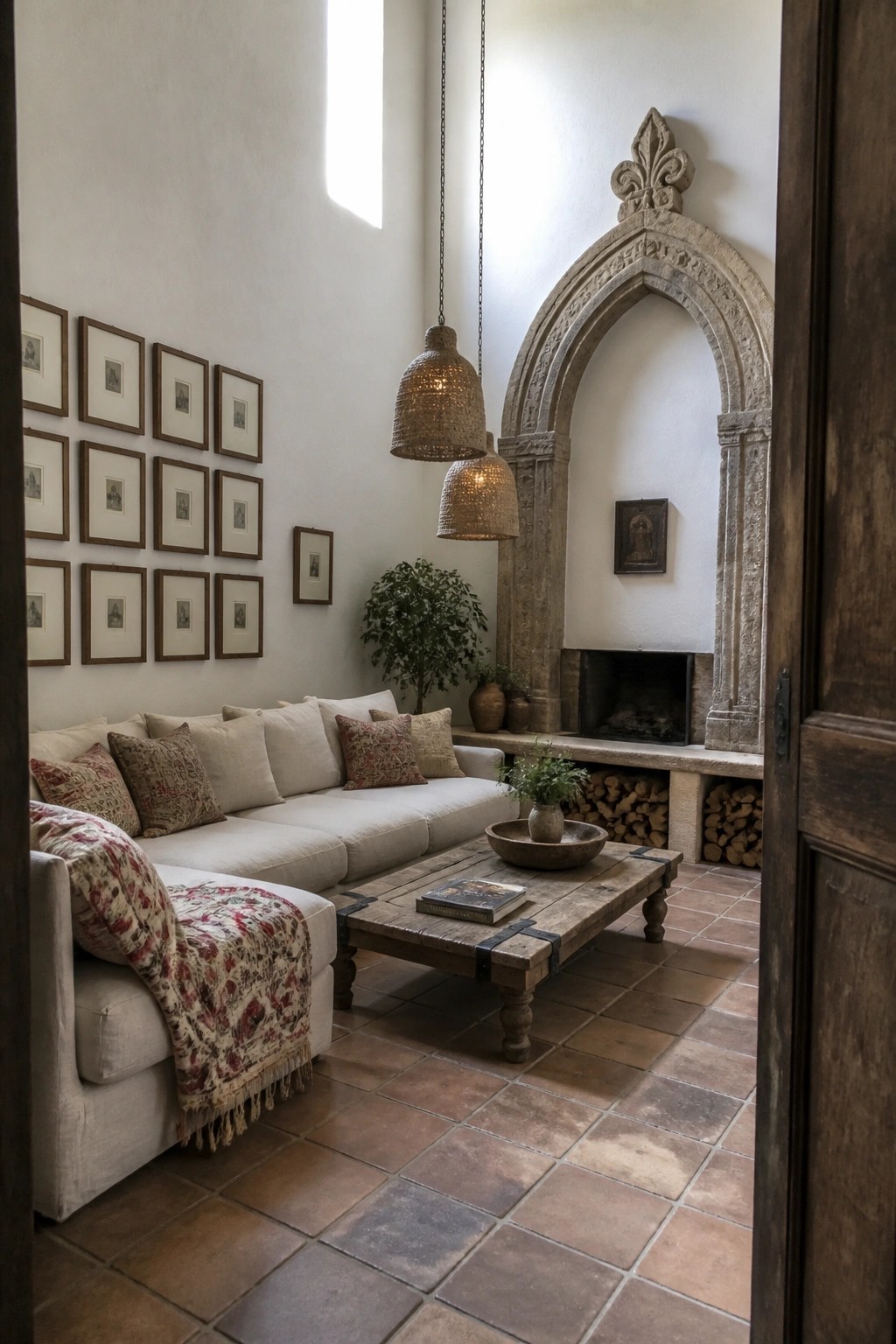 Cozy living room with white sofa, wooden table, hanging lamps, and stone fireplace.
