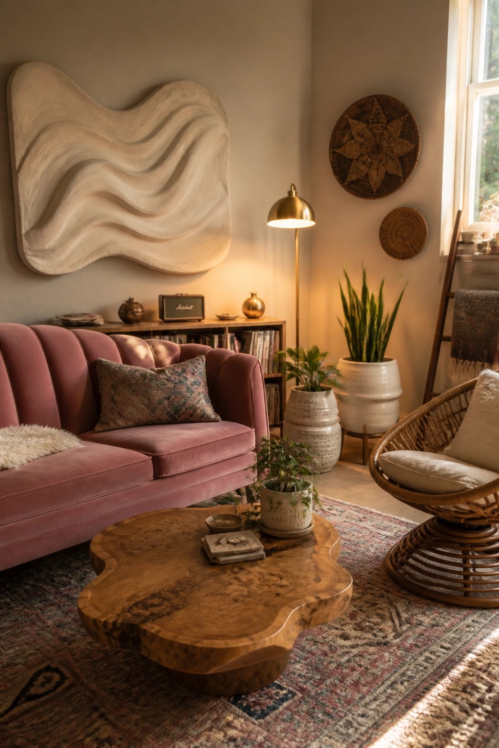 A living room featuring a large wavy sculptural wall art above a pink velvet sofa, a live-edge wooden coffee table on a patterned rug, potted plants, and a wicker swivel chair near a window.