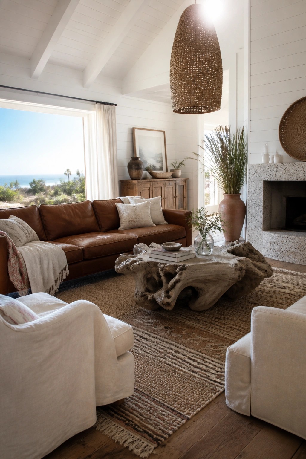 A living room featuring a large sculptural driftwood coffee table on a woven rug, surrounded by a brown leather sofa and white armchairs.
