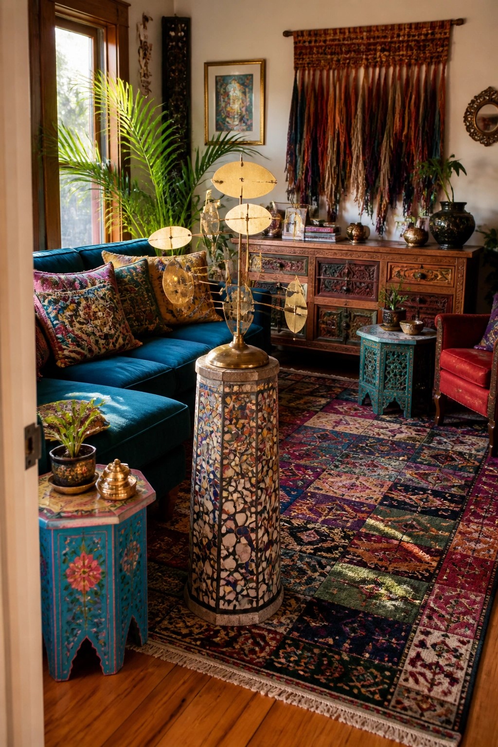 A boho living room with a large brass kinetic sculpture on a mosaic pedestal, teal sofa with patterned pillows, colorful patchwork rug, and wooden cabinet with hanging textiles.