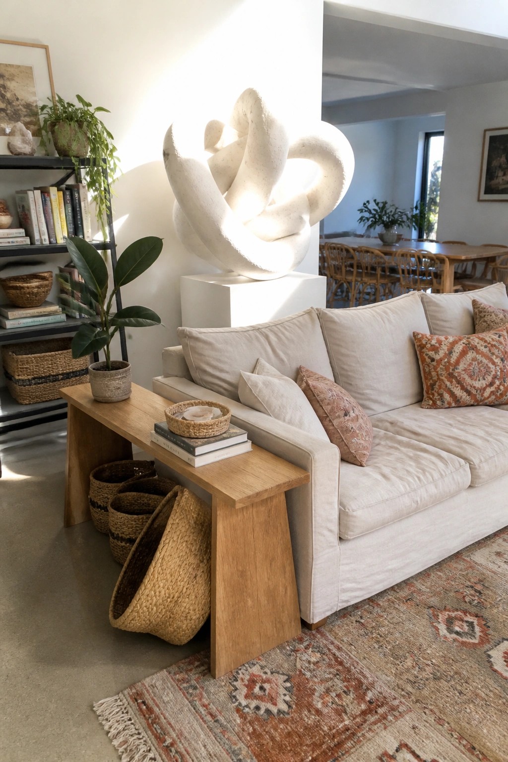 Light beige sofa beside wooden table with books under large white sculpture