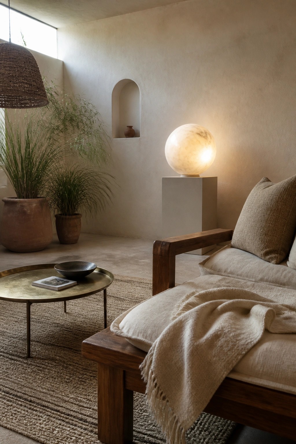 A living room with a large glowing spherical lamp on a white pedestal beside a wooden sofa with beige cushions and a round brass coffee table.