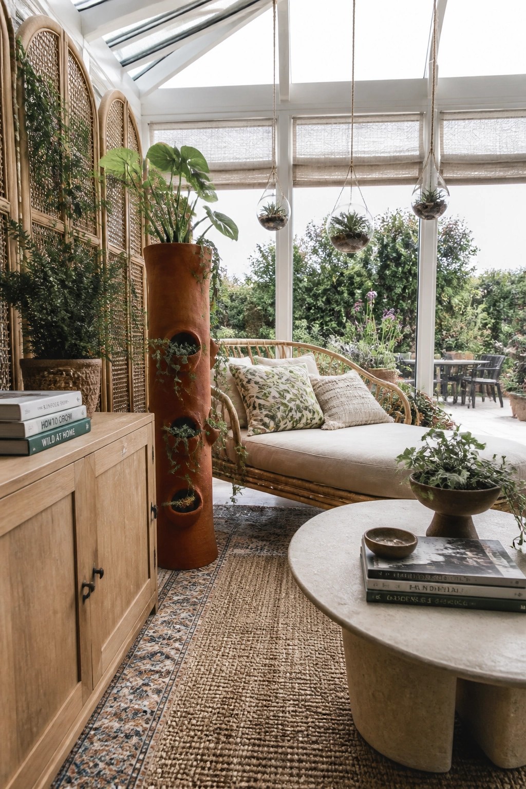 A sunroom interior with a tall terracotta sculptural planter, rattan daybed, wooden cabinet, and hanging glass planters.