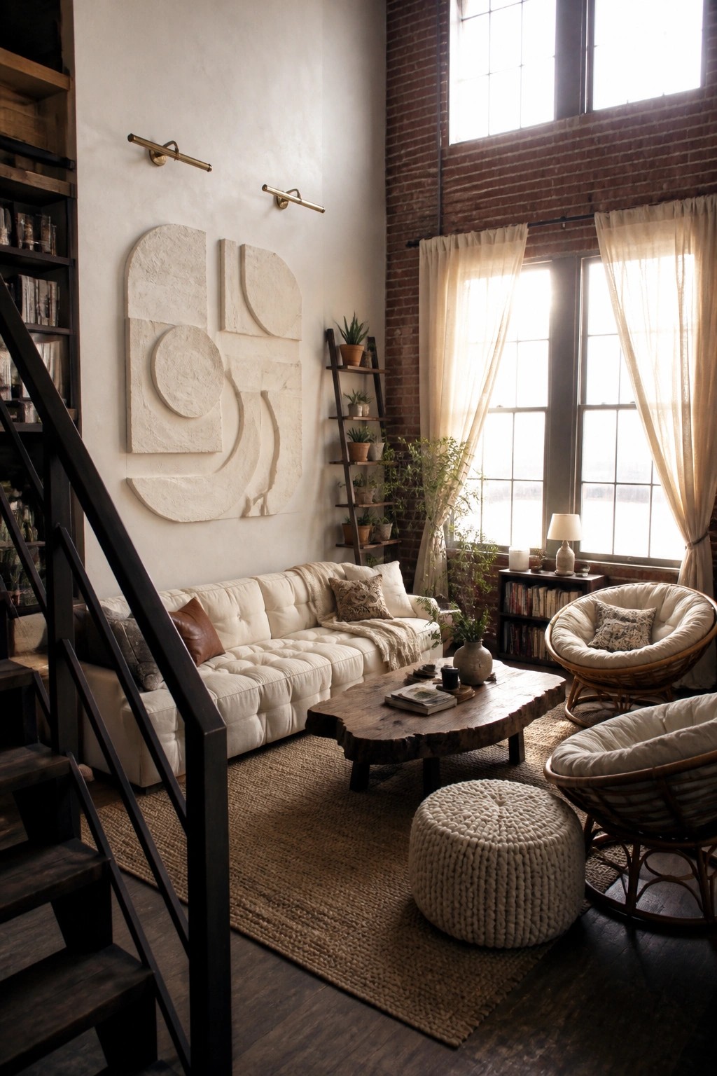 A living room with a white sectional sofa, wooden coffee table, two woven chairs, a chunky knit pouf, and large abstract sculptural wall art above the sofa.