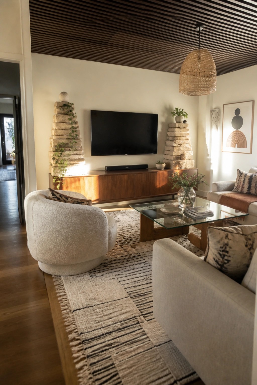 Living room interior showing a wooden media console under a wall-mounted television, flanked by two tall stacked stone sculptures with trailing plants, a glass coffee table on a striped rug, and a woven pendant light overhead.