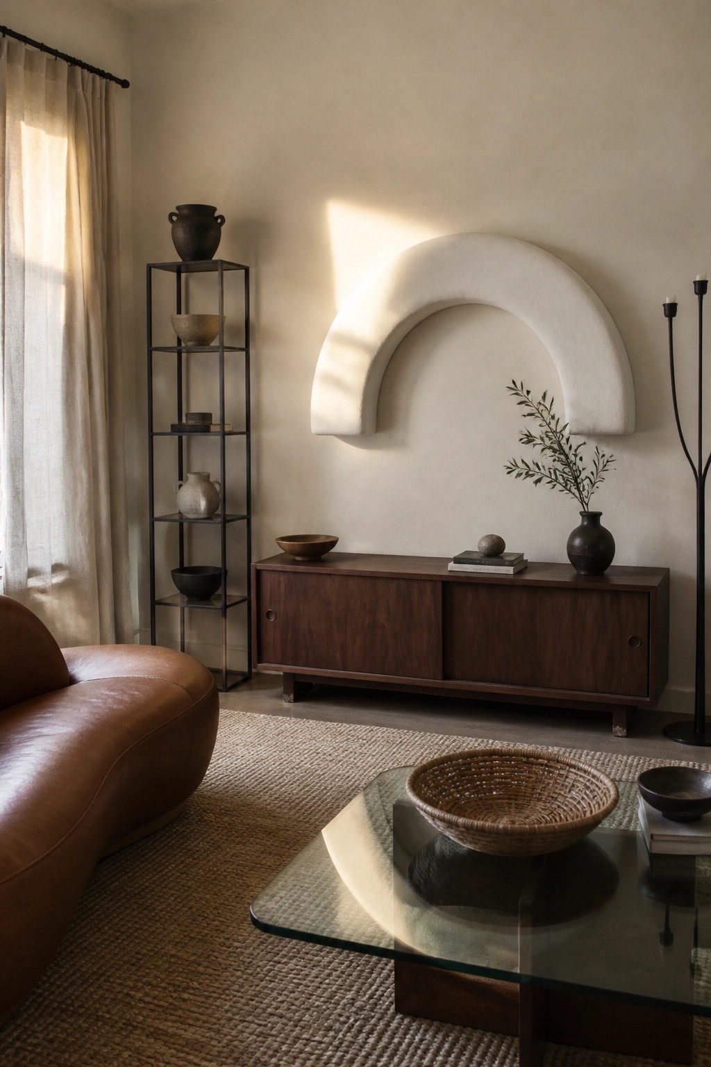 A living room with a large white arched wall sculpture above a dark wood console, a brown leather sofa on the left, and a glass coffee table with a woven basket on a jute rug.