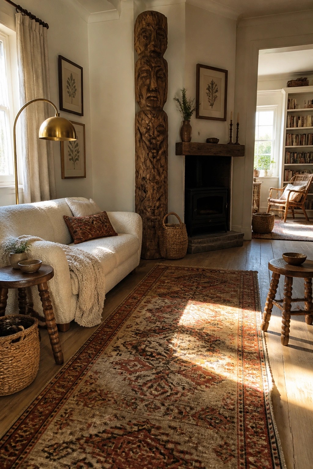 A living room with a white sofa, tall carved wooden totem sculpture next to a fireplace, patterned rug on wood floors, and sunlight coming through windows.