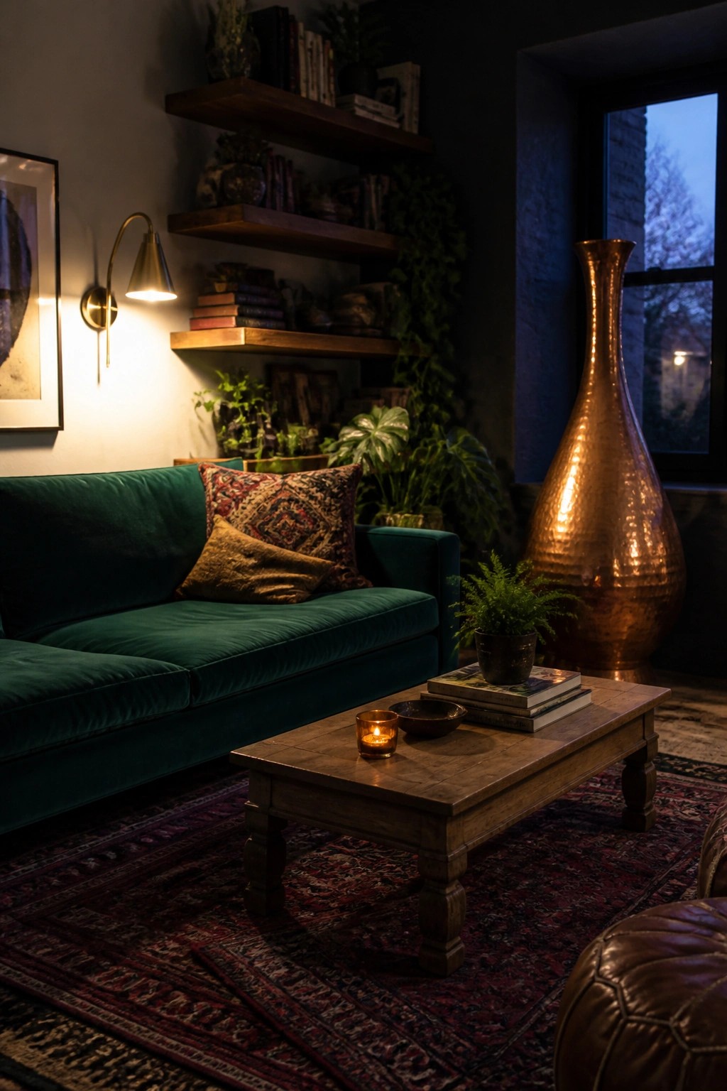 A cozy living room with a green velvet sofa, wooden coffee table, floating shelves filled with books and plants, and a large hammered copper vase standing beside a window.