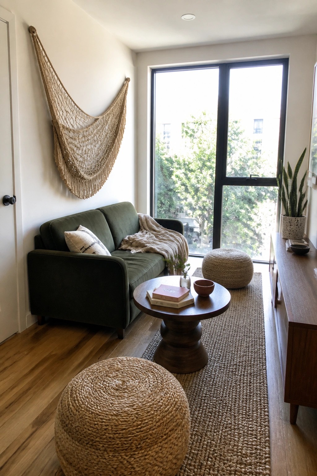 A living room with a green sofa, two large woven jute poufs, a round wooden coffee table on a jute rug, and a macrame wall hanging beside a large window.
