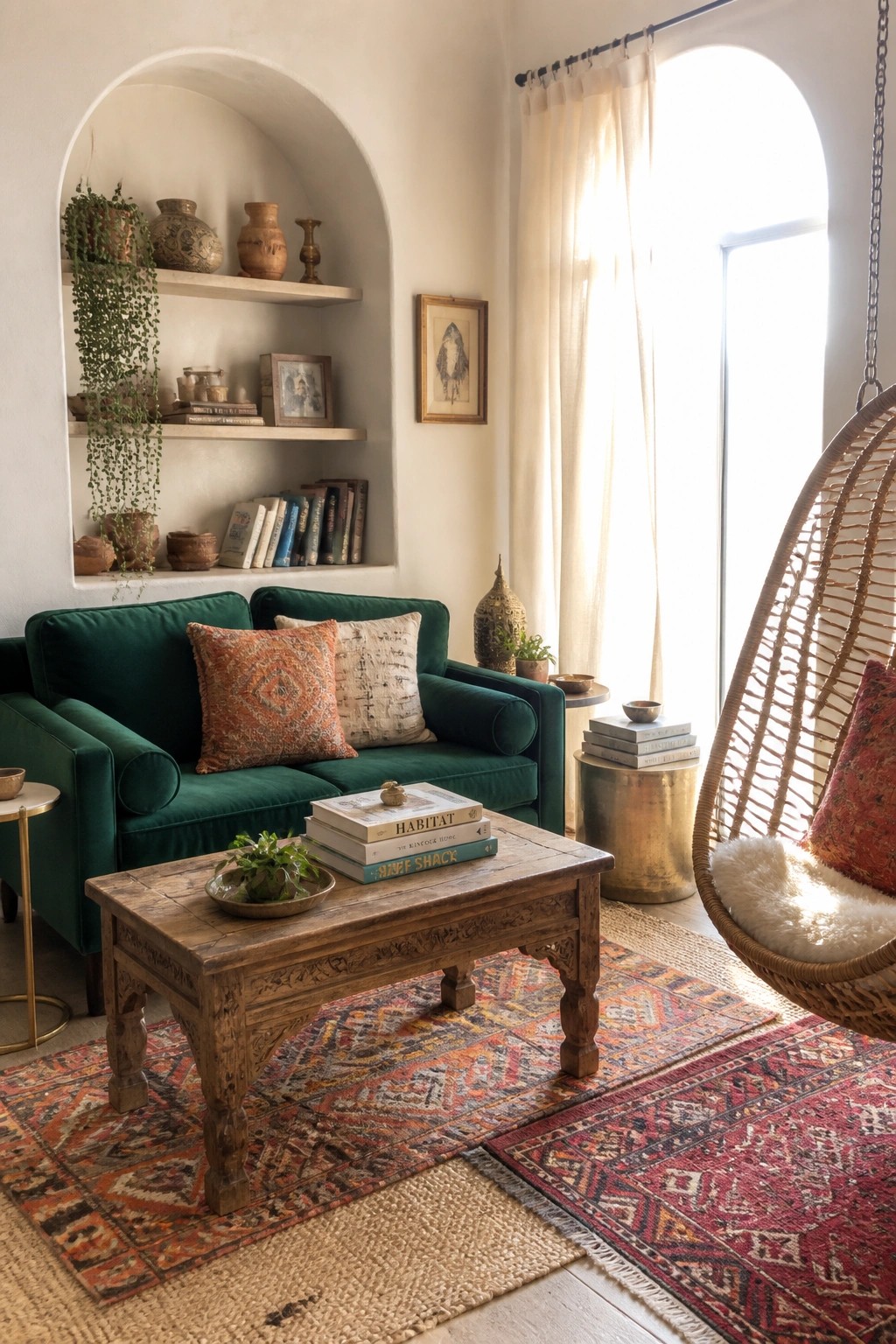 A living room with a green velvet sofa, carved wood coffee table on layered rugs, and a hanging wicker chair beside an arched window.