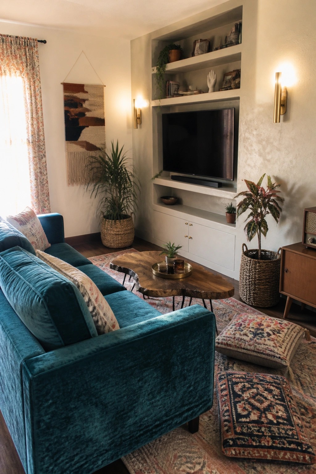 Teal velvet sofa in bohemian living room with wooden table, plants, and built-in TV unit