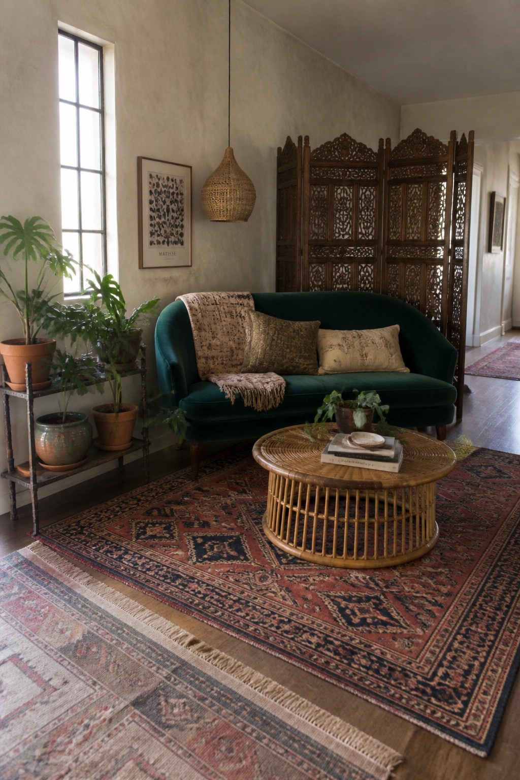 A curved green velvet sofa sits on layered red and blue rugs with a round wicker coffee table in front and potted plants nearby.