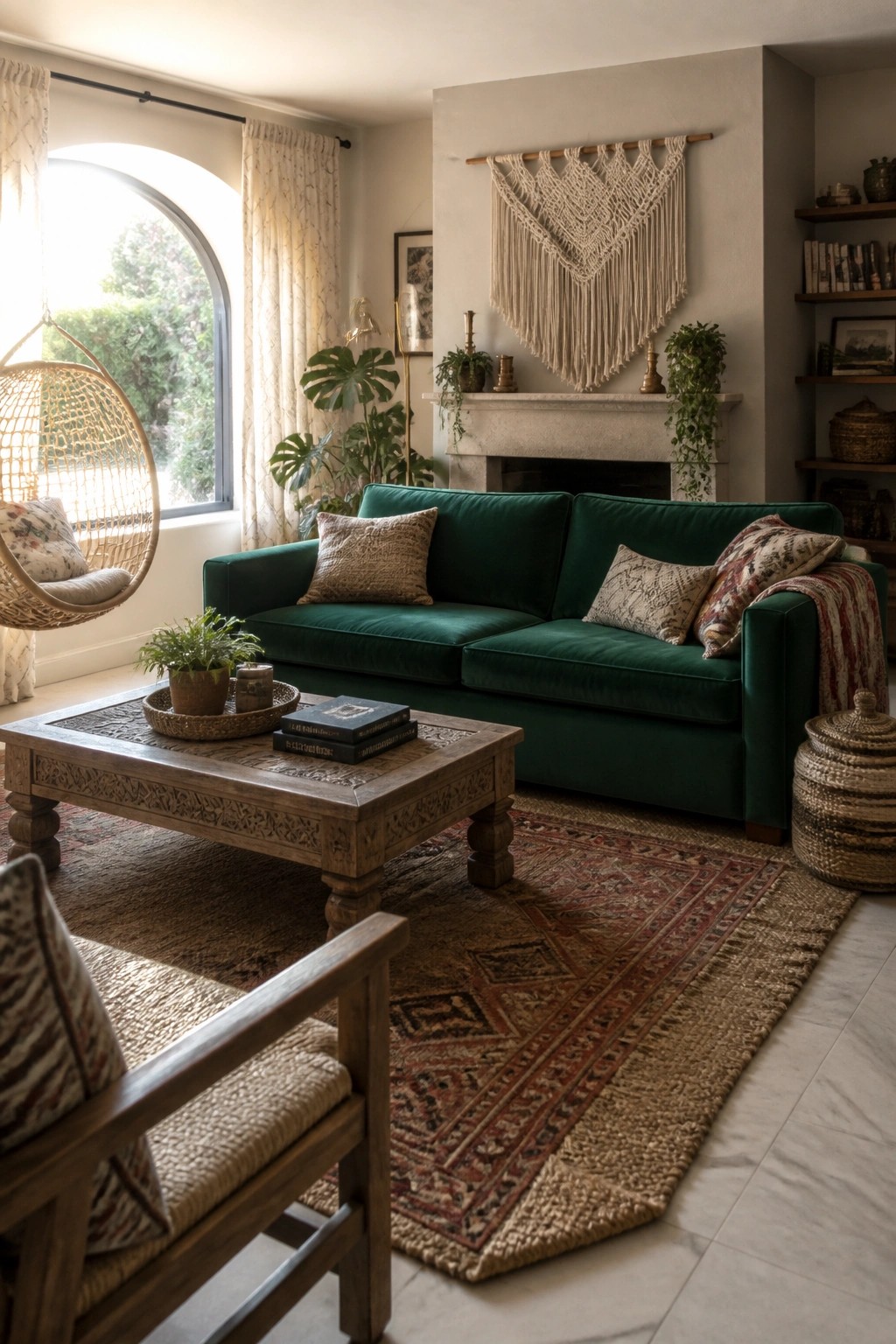 A living room with a green velvet sofa, wooden coffee table, macrame wall hanging above a fireplace, hanging chair by an arched window, and layered rugs on the floor.