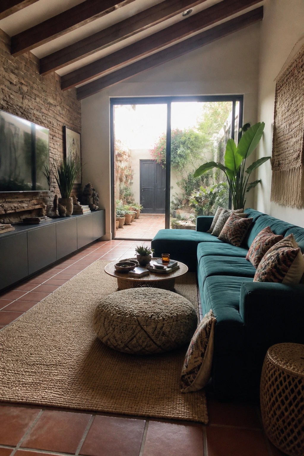 Teal sectional sofa in boho living room with woven rug and open courtyard view