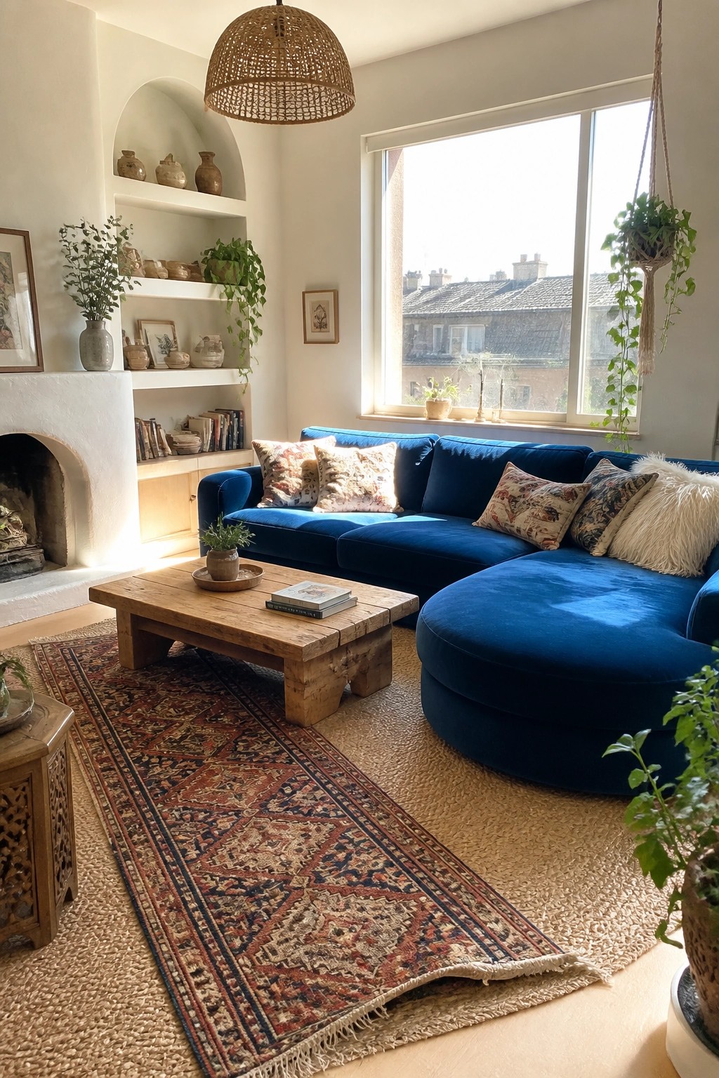 Cozy living room with blue velvet sectional sofa, wooden coffee table, and patterned rug