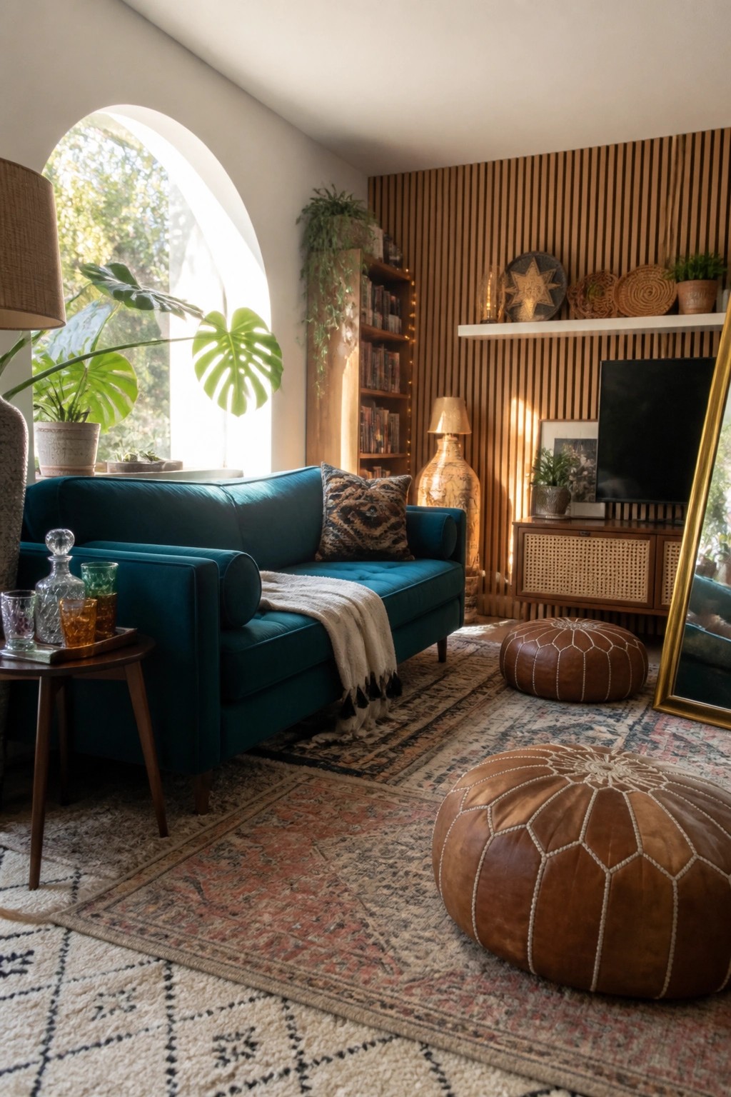 A living room with a teal velvet sofa, two brown leather poufs on layered rugs, a wooden slat wall, and an arched window with houseplants.